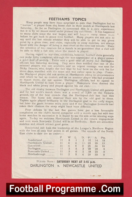 Darlington v Hartlepool United 1943 - Old Football Programme - Image 3
