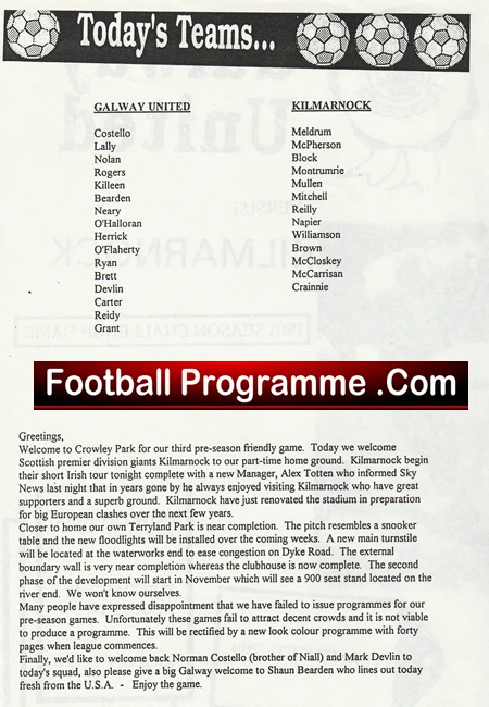 Galway United v Kilmarnock 1994 - Pre Season Crowley Park Ireland - Image 3
