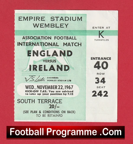 England v Ireland 1967 - Football Ticket - Image 2