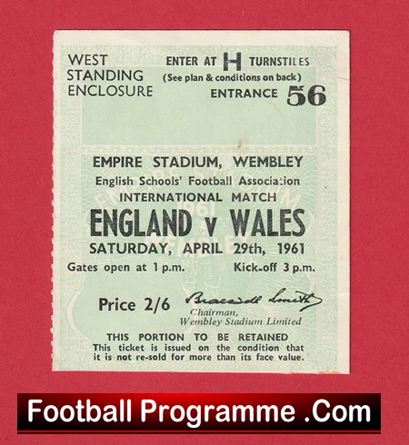 England v Wales 1961 - School Boys Match Ticket - Image 2