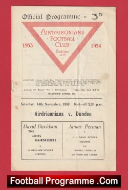 Airdrieonians Aidrie v Dundee 1953 - Scottish Football Programme - football programme