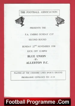 Blue Union v Allerton 1998 - FA Sunday Cup - football programme