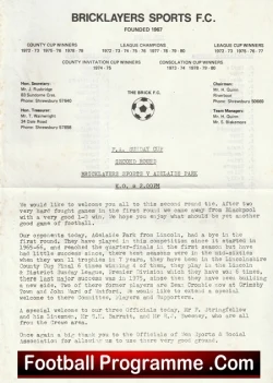 Bricklayers Sports v Adelaide Park 1980s - Sunday Cup - football programme