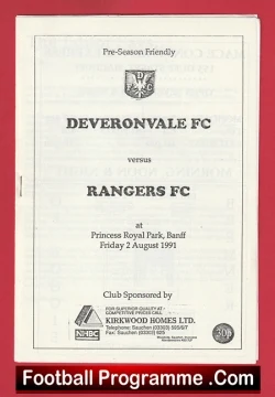 Deveronvale v Glasgow Rangers 1991 - Royal Park Banff Scotland - football programme