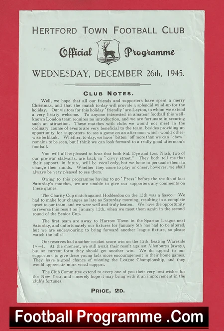 Hertford Town v Leyton 1945 - Official Football Programme - Image 2