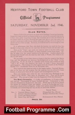 Hertford Town v Sawbridgeworth 1946 - football programme