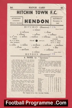 Hitchin Town v Hendon 1947 - Reserves Match - football programme