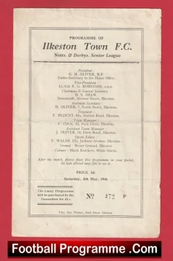 Ilkeston Town v Butterley 1946 - Notts Derbyshire Senior League - football programme