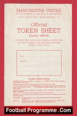 Manchester United Official Man Utd Token Sheet 1965 - 1966 - football programme