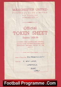 Manchester United Official Token Sheet 1958 - 1959 Man Utd - football programme