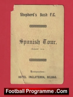 Shepherds Bush Football Club Spain Tour Itinerary Card Bilbao 1913 - football memorabilia