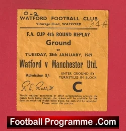 Watford v Manchester United 1969 - Match Ticket FA Cup Replay - football memorabilia