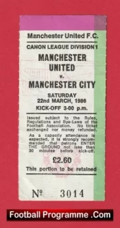 Manchester United v Manchester City 1986 – Football Match Ticket Stub
