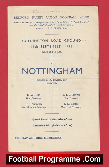 Bedford Rugby v Nottingham 1948 - Old Rugby Programmes - Image 2