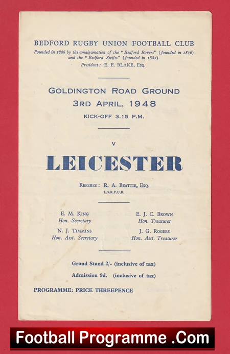 Bedford Rugby v Leicester 1948 - Old Rugby Programmes - Image 2