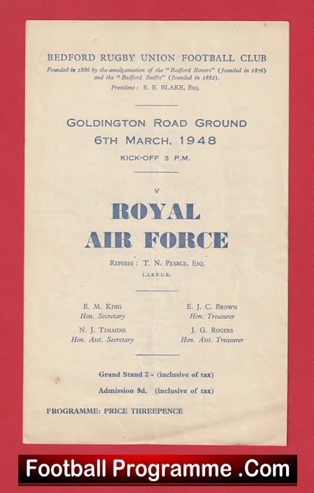 Bedford Rugby v RAF Royal Air Force 1948 - Old Rugby Programmes - Image 2
