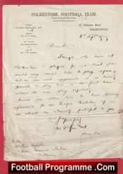 Folkestone Football Culb Letter 1919 – Antique Football Memorabilia