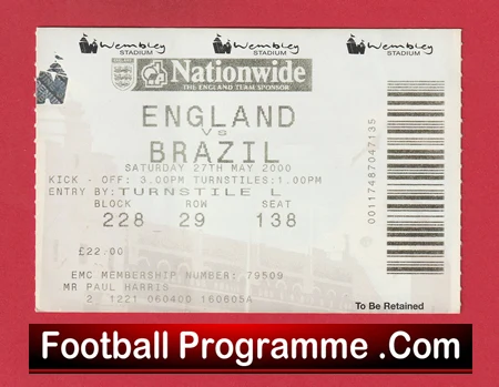 England v Brazil 2000 - Football Ticket - Image 2