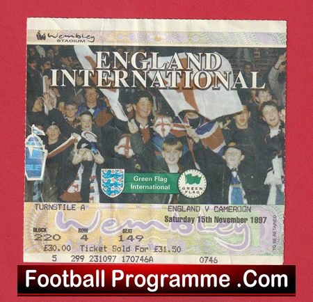 England v Cameroon 1997 - Football Ticket - Image 2