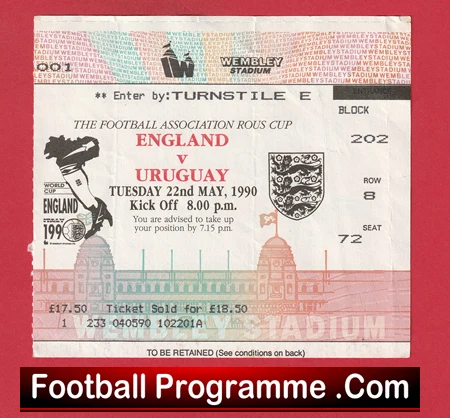 England v Uruguay 1990 - Football Ticket - Image 2