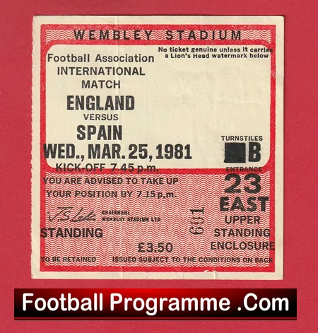 England v Spain 1981 - Football Ticket - Image 2
