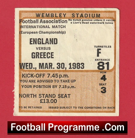England v Greece 1983 - Football Ticket - Image 2