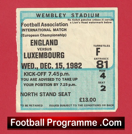 England v Luxembourg 1982 - Football Ticket - Image 2