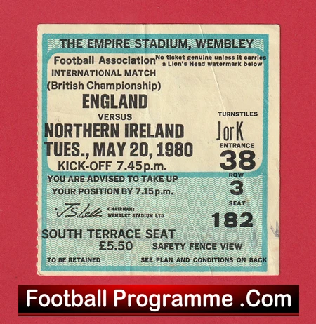 England v Northern Ireland 1980 - Football Ticket - Image 2