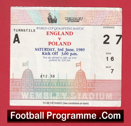 England v Poland 1989 - Football Ticket - Image 2