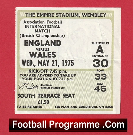 England v Wales 1975 - Football Ticket - Image 2