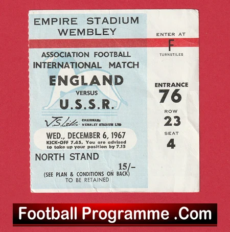 England v Russia 1967 - Football Ticket - Image 2