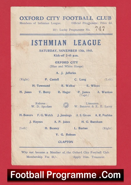 Oxford City v Clapton 1945 - Single Sheet 1940s - Image 2