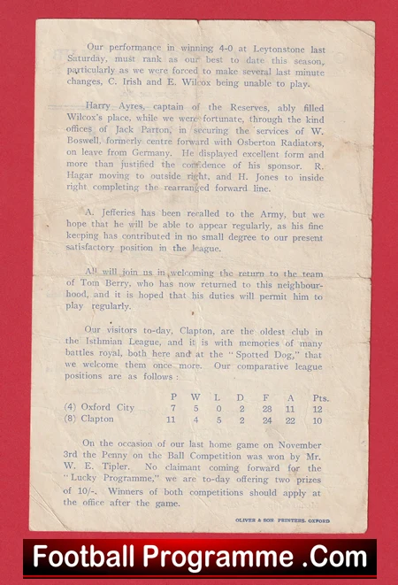 Oxford City v Clapton 1945 - Single Sheet 1940s - Image 3