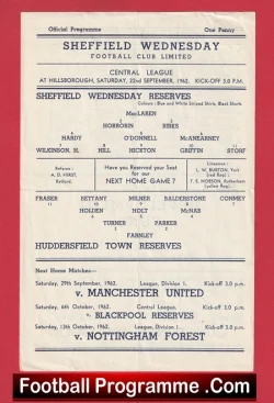Sheffield Wednesday v Huddersfield Town 1962 - Reserves Match