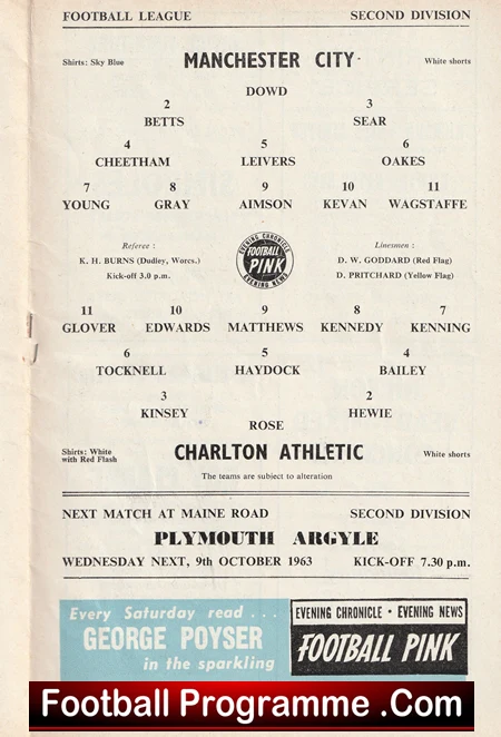 Manchester City v Charlton Athletic 1963 - Man City Football Programmes - Image 3