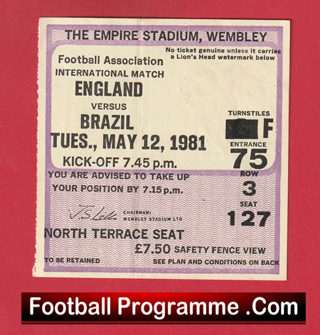England v Brazil 1981 - Football Ticket - Image 2