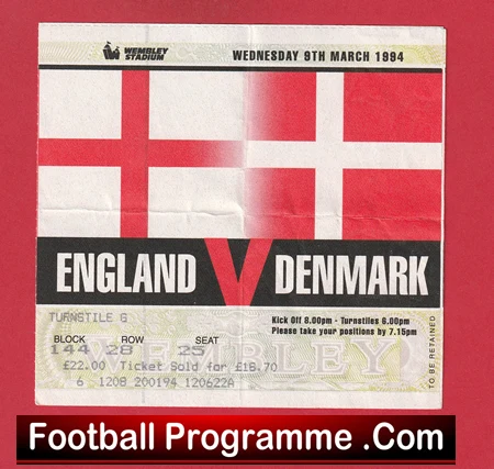 England v Denmark 1994 - Football Ticket - Image 2