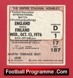 England v Finland 1976 - Football Ticket - football memorabilia