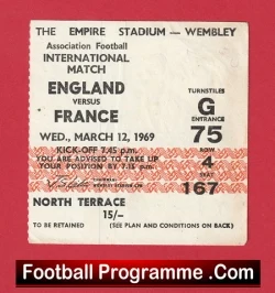 England v France 1969 - Football Ticket - football memorabilia