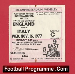 England v Italy 1977 - Football Ticket - football memorabilia