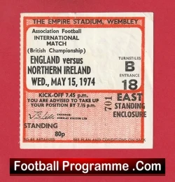 England v Northern Ireland 1974 - Football Ticket - football memorabilia