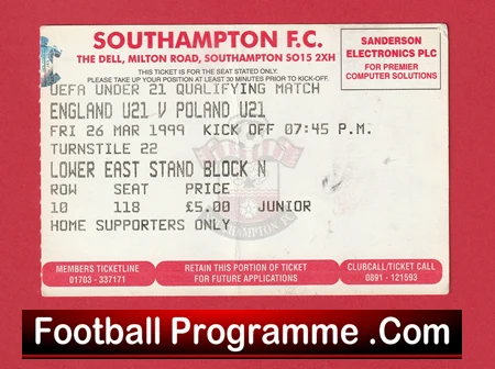 England v Poland 1999 - Football Ticket U21 Southampton - Image 2