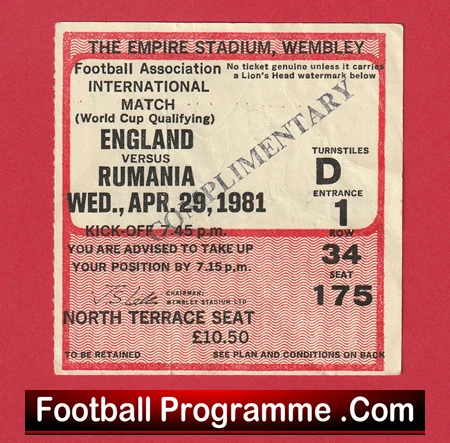 England v Rumania 1981 - Football Ticket - Image 2