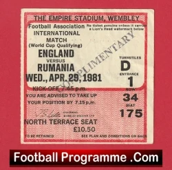 England v Rumania 1981 - Football Ticket - football memorabilia