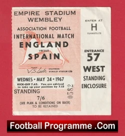 England v Spain 1967 - Football Ticket - football memorabilia
