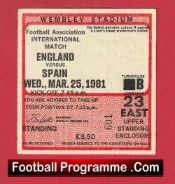 England v Spain 1981 - Football Ticket - football memorabilia