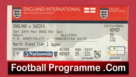 England v Sweden 2001 - Football Ticket at Man Utd - Image 2