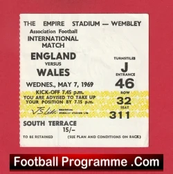 England v Wales 1969 - Football Ticket - football memorabilia