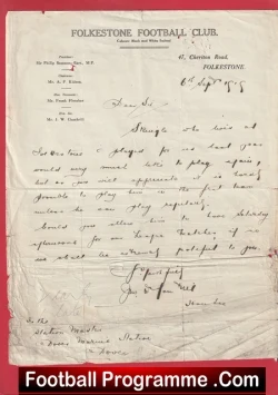 Folkestone Football Culb Letter 1919 - Antique Football Memorabilia - football memorabilia