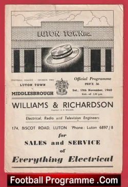 Luton Town v Middlesbrough 1960 - football programme